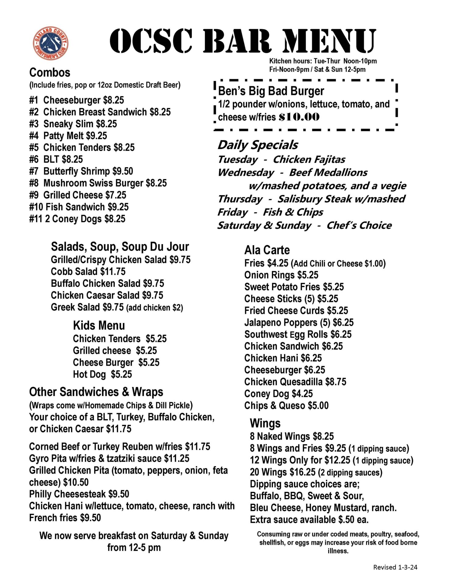 OCSC kitchen and bar menu updated sept 2024